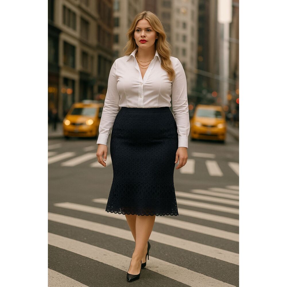 Lane Bryant Navy Blue Guipure Embroidered Lace Overlay Skirt Sz 18 NWT Workwear‎